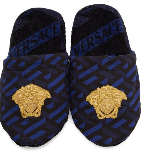 Versace Black & Blue La Greca Slippers - Picture 1 of 5